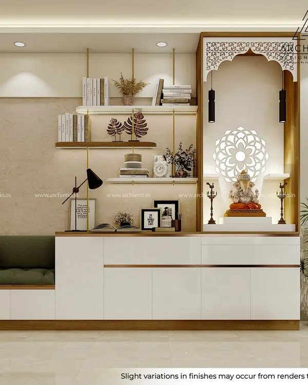 A modern and elegant pooja unit integrated with a low-height storage console and open shelving, featuring a beautiful Ganesha idol and a CNC-cut backdrop.