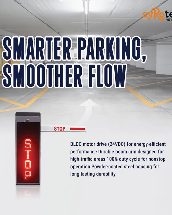 This graphic highlights the key features of our parking barriers, including an energy-efficient BLDC motor drive and a durable boom arm designed for a 100% duty cycle in high-traffic areas. The powder-coated steel housing ensures long-lasting durability.