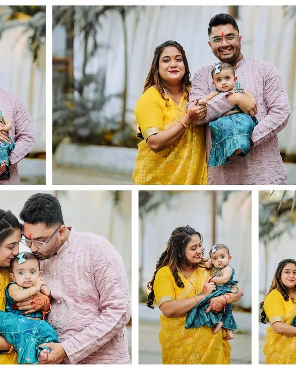 A beautiful collage from Saanvi's birthday, showing a collection of candid family portraits and tender moments. We aim to deliver a variety of shots that tell the complete story of the celebration.