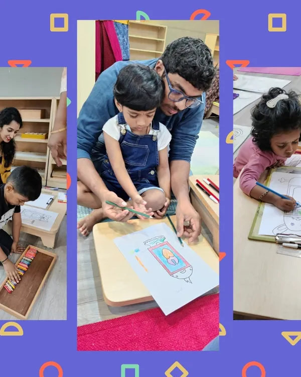 A parent and child work together, coloring a puppet during our workshop. These collaborative events are a wonderful opportunity for you to engage in your child's learning and create something special together.