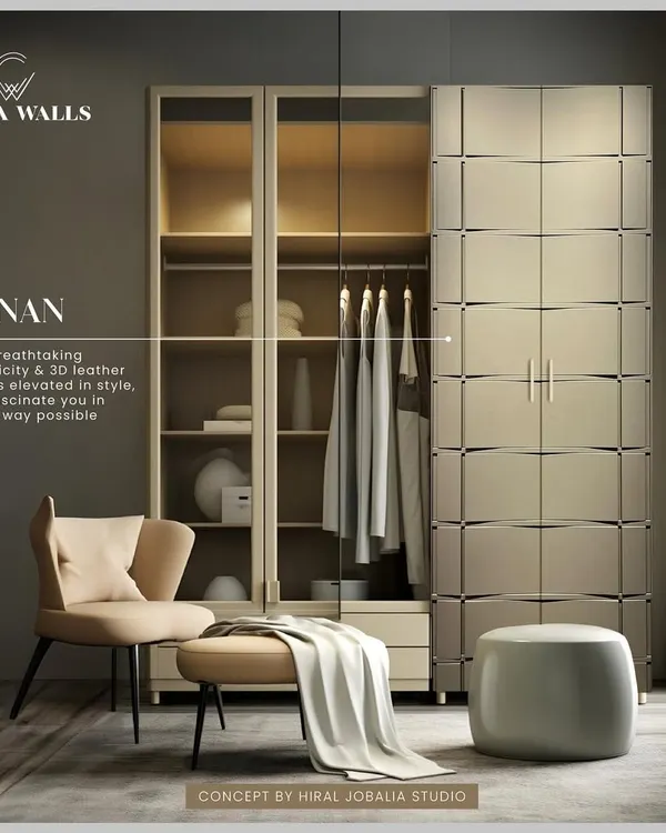 The 'Ronan' wardrobe design demonstrates breathtaking simplicity. We used 3D leather blocks to create a clean, gridded pattern that elevates the style of the entire room, proving that storage can be both functional and fascinating.