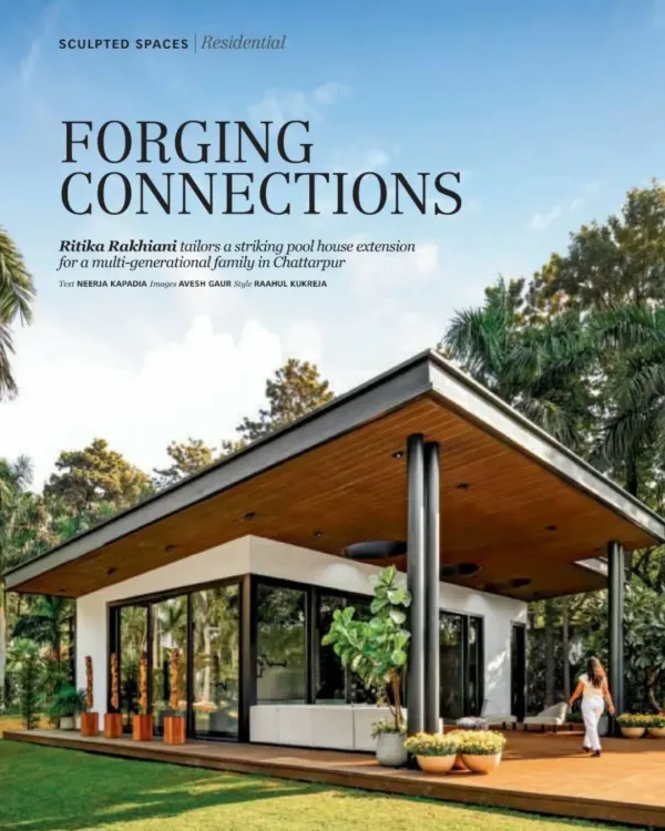 This is the main view of the Pool House, an extension I designed for a multi-generational family in Chhatarpur. The goal was to forge a connection between the main house, the landscape, and the family's daily life.