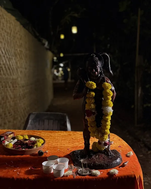 A small puja setup at night. Rituals are not blind obedience; they are conscious repetition and reminders of rhythm.