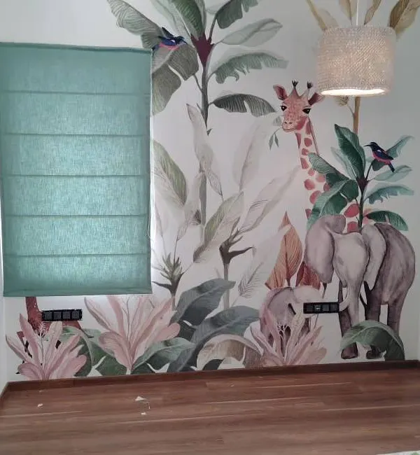 This green Roman blind was selected to match the foliage in the custom wallpaper, completing the jungle theme for this kid's room. I handle installations for windows of all sizes.