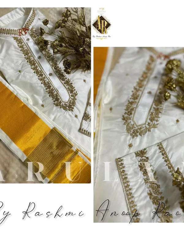 A classic 'Muhurtam' set for a groom. This off-white silk kurta features rich gold zardosi embroidery around the neckline and placket, perfectly paired with a silk 'kacche' and 'shalya' with a traditional gold zari border.