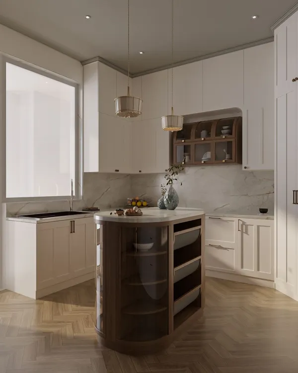 This kitchen concept features a timeless mix of white shaker-style cabinets and a dark wood island. The design is open and functional, with a marble backsplash and herringbone floors adding a touch of classic elegance.