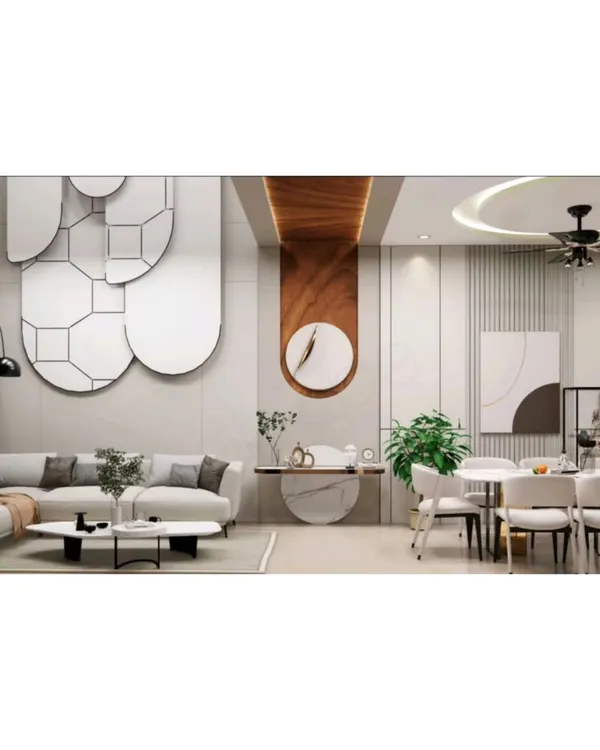 A wide view of a contemporary living and dining area I designed. Notice the cohesive design language, from the geometric wall art and circular ceiling detail to the elegant dining set, creating a harmonious and expansive feel.