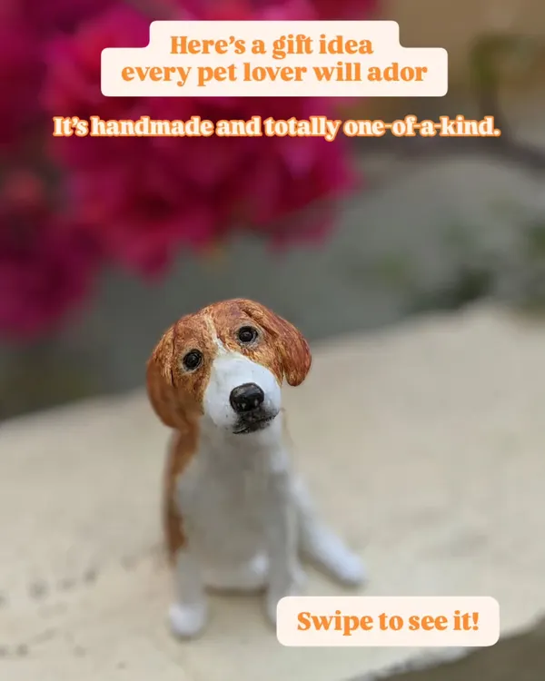 Here’s a gift idea every pet lover will adore. This is a custom-made miniature of a beautiful beagle, sculpted by hand to capture that signature head tilt.