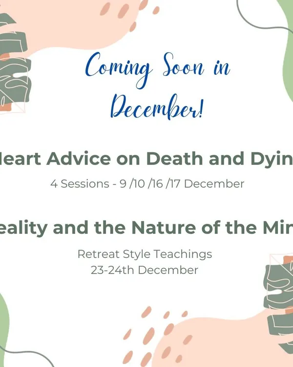A "Coming Soon" announcement for our December programs. We give our community a glimpse of upcoming teachings, like "Heart Advice on Death and Dying" and a retreat on "Reality and the Nature of the Mind."