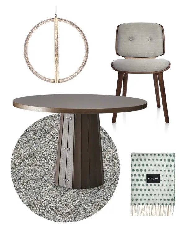 My process often begins with a mood board like this one. I curate lighting, furniture, and materials to create a cohesive vision, ensuring the chosen light fixture, like the Luminora by Moooi, perfectly complements the overall design.