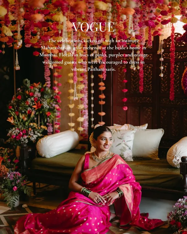 I was so honored to have my own wedding celebrations featured in Vogue. This was my Maharashtrian-style mehndi at home, where I filled the space with vibrant florals in hues of pinks, purples, and oranges to welcome our guests.