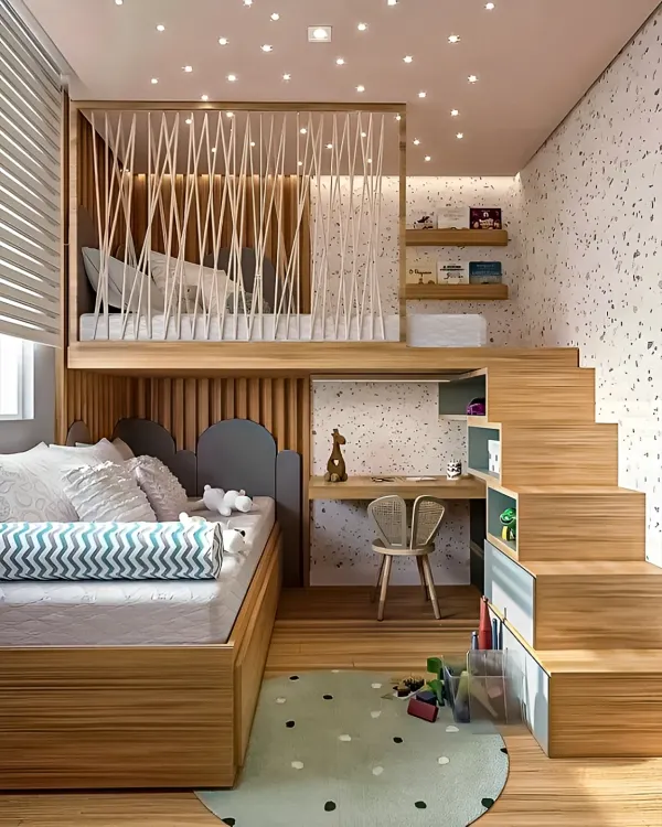 A playful kids' room featuring a loft bed with a rope barrier, a built-in desk underneath, and stairs that double as storage drawers. This design is perfect for maximizing play and study space.