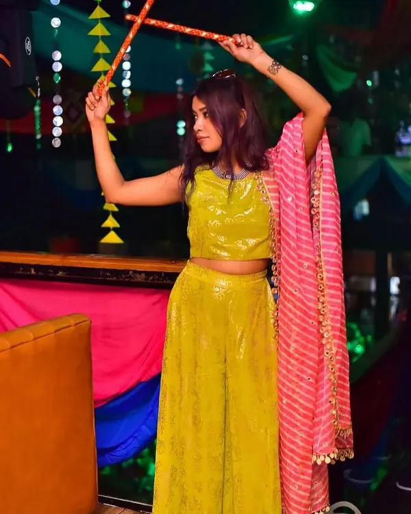 Getting into the Dandiya spirit during a Navratri celebration at Gilly's 104. It's so much fun to dress up and play the high-energy music for this festival.