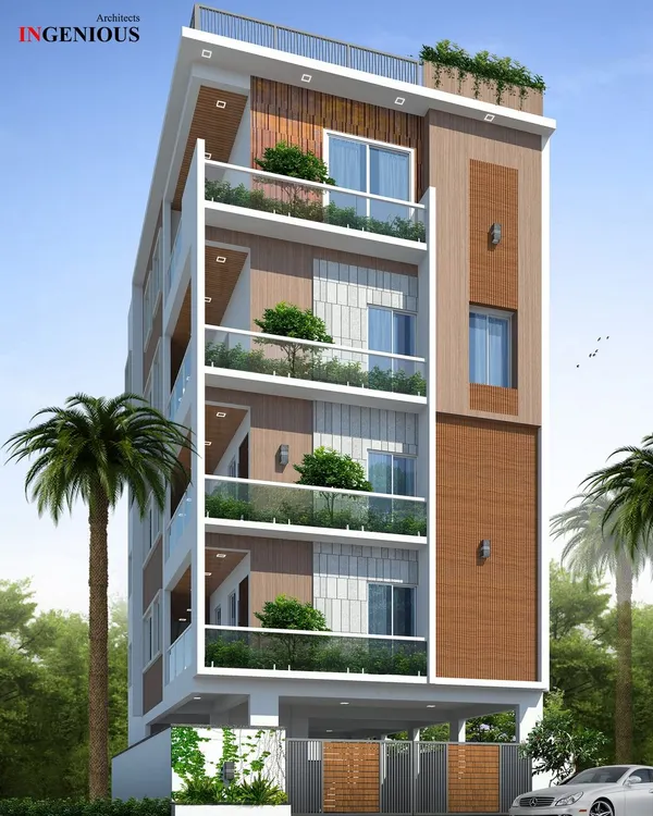 This proposed multi-dwelling unit in K.R. Puram features a modern facade with alternating panels of wood texture and white. Each floor includes a glass-railed balcony with integrated planters to add greenery to the elevation.