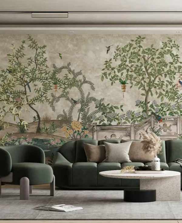 This living room showcases our Prakriti collection, blending hand-painted Indian heritage motifs with luxurious, earthy finishes. We believe a wall is a canvas, and this design brings a story of nature and tradition into your home, creating a space that is both opulent and inviting.