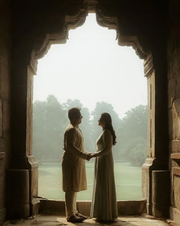 Framed by history, this silhouette of Akshay and Bani at a Delhi heritage site is a testament to timeless love. I use architectural elements to create powerful, artistic compositions during pre-wedding shoots.