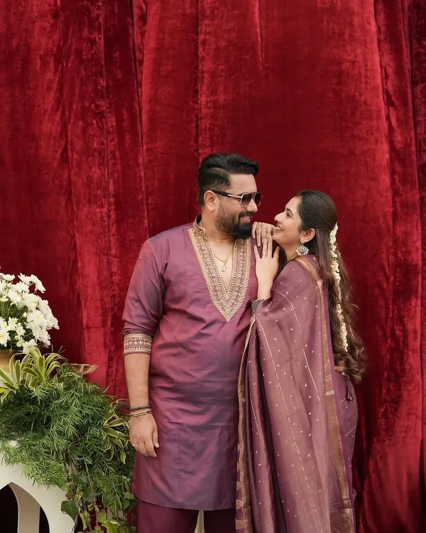 A beautiful moment between the lovely couple, Tharun Sudhir and Sonal Monteiro, celebrating their anniversary. I had the pleasure of designing their coordinated outfits in a beautiful wine color.