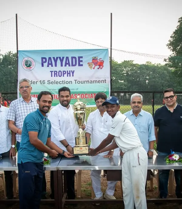 A wide view of the prize distribution ceremony for the U-16 Payyade Trophy, an MCA Selection Tournament. Our management and coaches gather to honor the next generation of Mumbai cricketers.