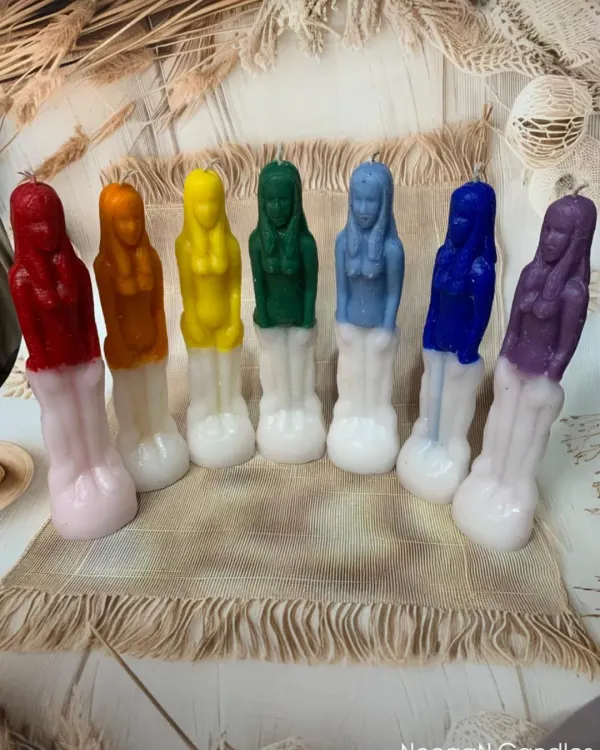 She burns bright, she stands strong. This rainbow collection of female form candles represents the essence of womanhood, with each color celebrating a different energy.