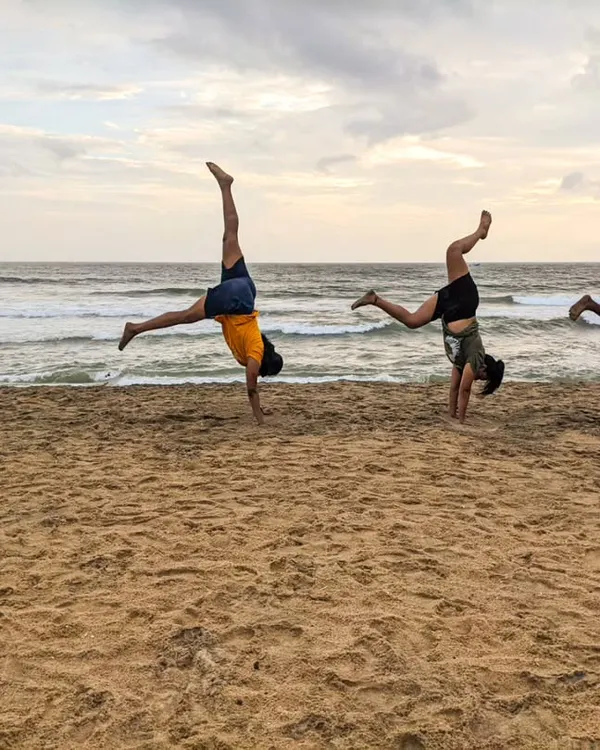 There's nothing like the energy of a group moving together. This was a super fun moment from a beach yoga session in Varkala, all of us just playing with handstands and enjoying the process.