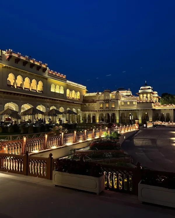 The stunning Rambagh Palace at night, the perfect setting for a royal wedding. Hosting in such a majestic location inspires a certain level of grace and grandeur.