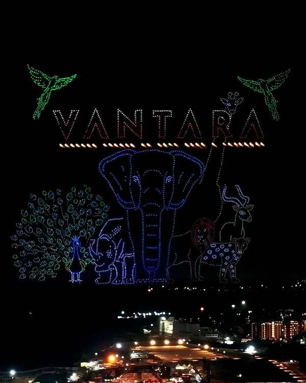The Vantara Family, featuring elephants, peacocks, and other animals, was the heart of the World's Biggest Drone Show at the Ambani pre-wedding, echoing Vantara's mission to rehabilitate wildlife.