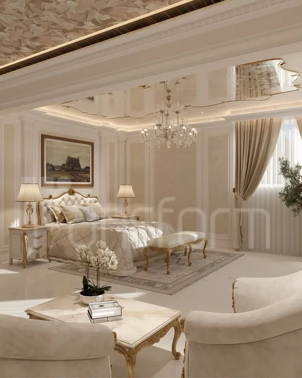 This master bedroom is an ode to timeless grandeur. I used intricately carved furniture with gold accents, a custom high-gloss ceiling, and a crystal chandelier to create an atmosphere of refined sophistication and ethereal beauty.