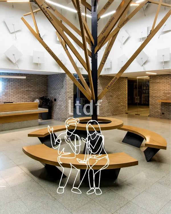 At the Jaipuria Institute of Management, we designed this 'value tree' installation to be the heart of the space. The sculptural form and integrated seating create a central hub for students to connect, collaborate, and reflect.