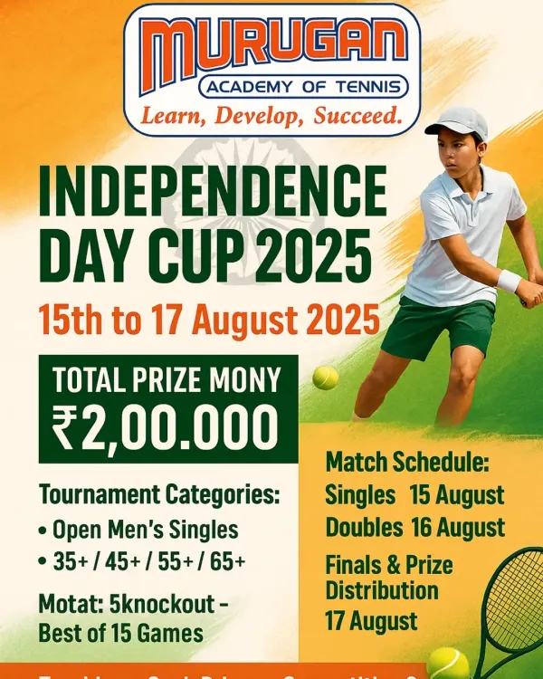 This poster for our Independence Day Cup shows the scale of events we host, with significant prize money and categories for all ages, from Open Men's Singles to 65+. We organize themed tournaments that bring together competitive spirit and celebration.