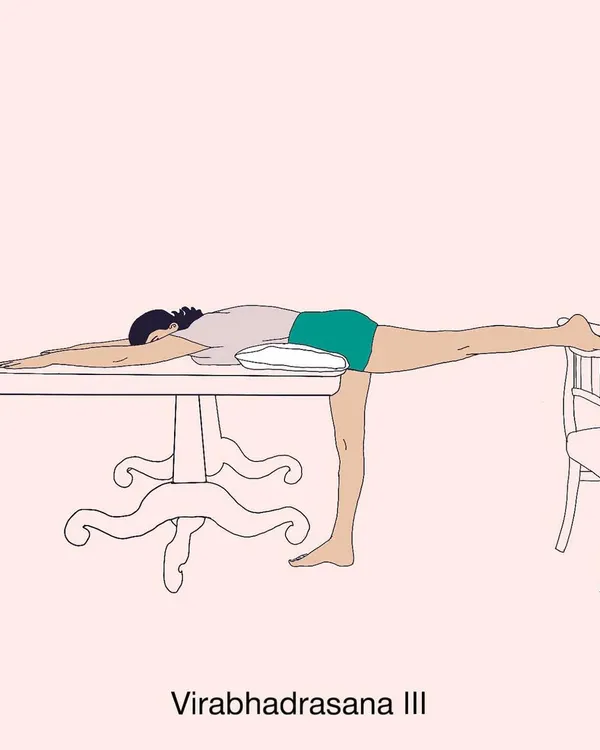 An illustration of Virabhadrasana III from my DIY sequence for lower back pain, using a table and chair for support. This makes advanced balancing poses accessible and therapeutic.