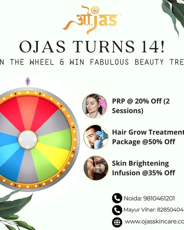 Ojas turns 14. To celebrate, we invite you to visit our clinic and spin the wheel to win fabulous beauty treats, including discounts on PRP, Hair Grow Treatments, and Skin Brightening Infusions.