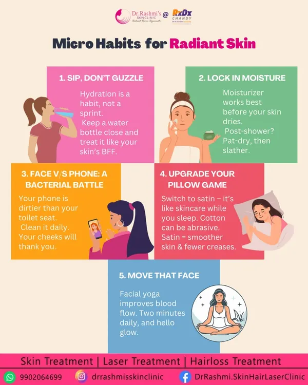An infographic on "Micro Habits for Radiant Skin," offering simple, actionable tips like staying hydrated, cleaning your phone, and using a satin pillowcase.