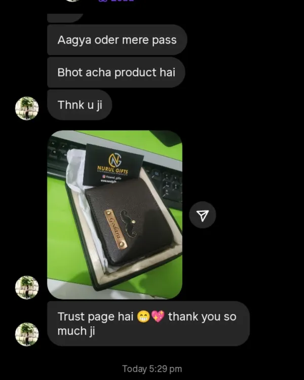 "Bhot acha product hai. Trust page hai." A happy customer shares their feedback after receiving their personalized wallet.