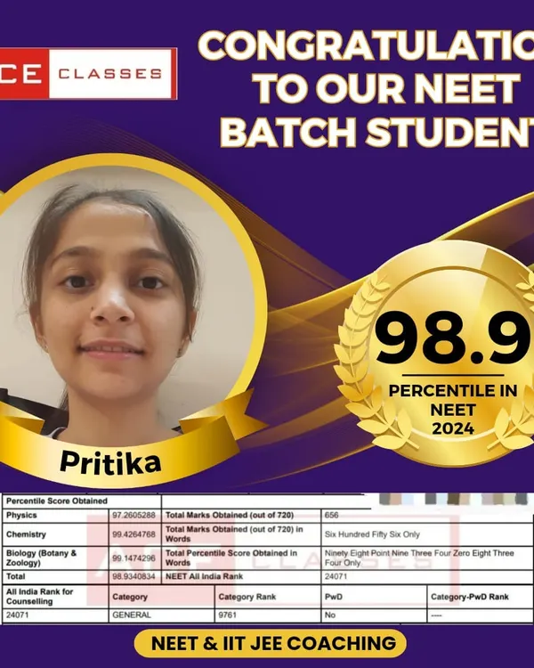Congratulations to our NEET batch student, Pritika, for achieving an outstanding 98.9 percentile in the NEET 2024 exam. Her detailed scorecard reflects her excellent performance across Physics, Chemistry, and Biology.