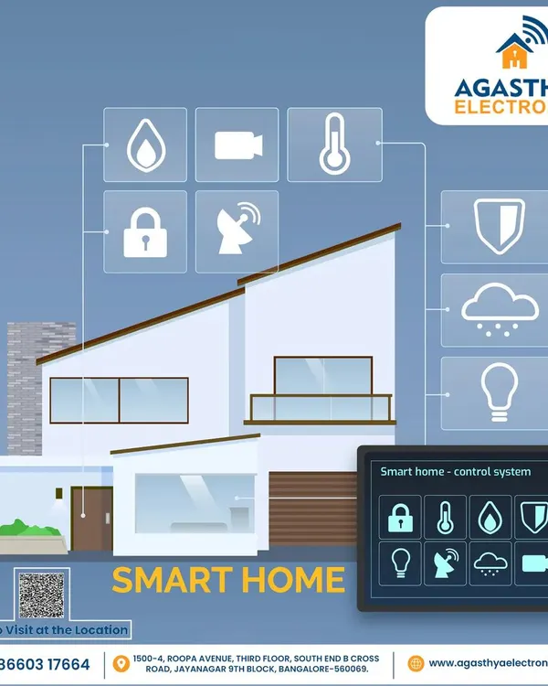 This infographic shows a home connected to a central control system. You can manage everything from water and temperature to locks and lighting, all from one interface.