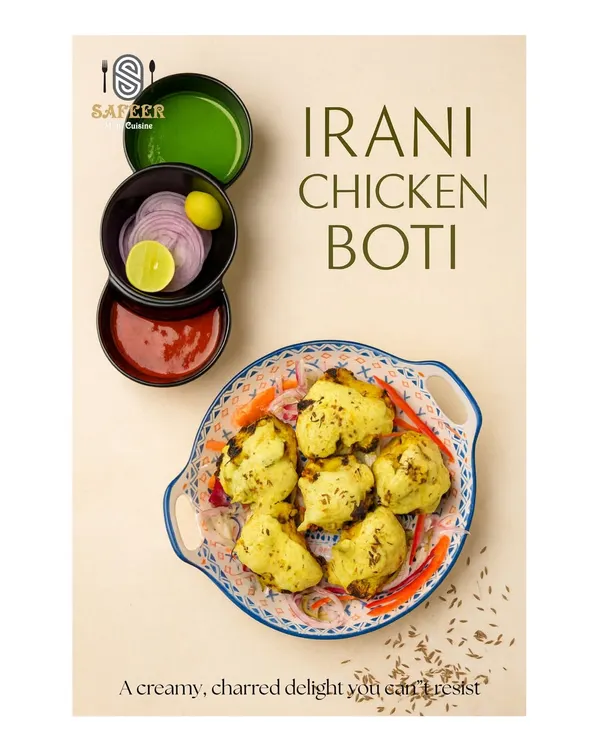 Our Irani Chicken Boti features tender, boneless chicken pieces marinated in a mild, creamy, and nutty mixture. Grilled in the tandoor, these kebabs are exceptionally soft and have a subtle, aromatic flavor.