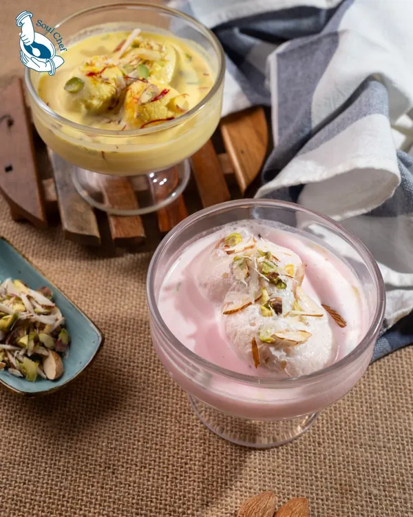 A duo of our signature Rasmalai, one with classic kesar and the other with a delicate rose flavor, both equally creamy and indulgent.