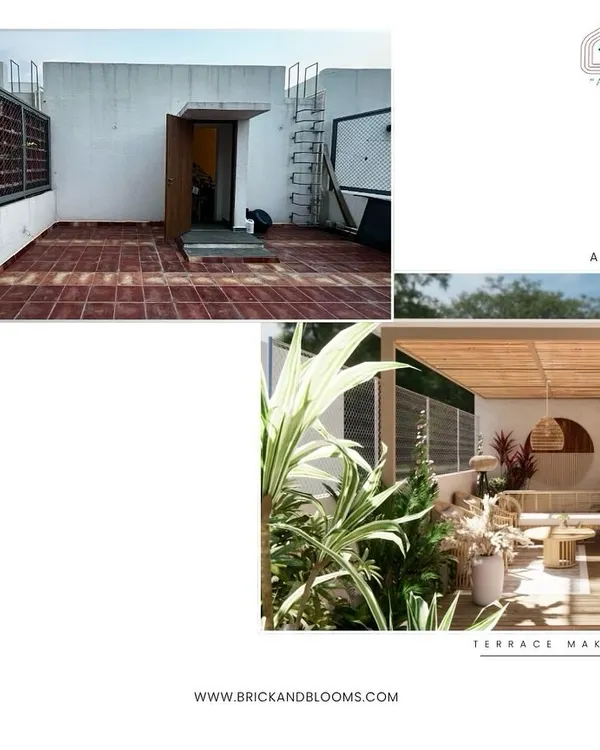 We took this plain, tiled terrace and reimagined it as a soulful retreat. Our design introduces a bamboo-covered pergola, earthy cane furniture, and lush greenery to create a space that feels both stylish and calm.