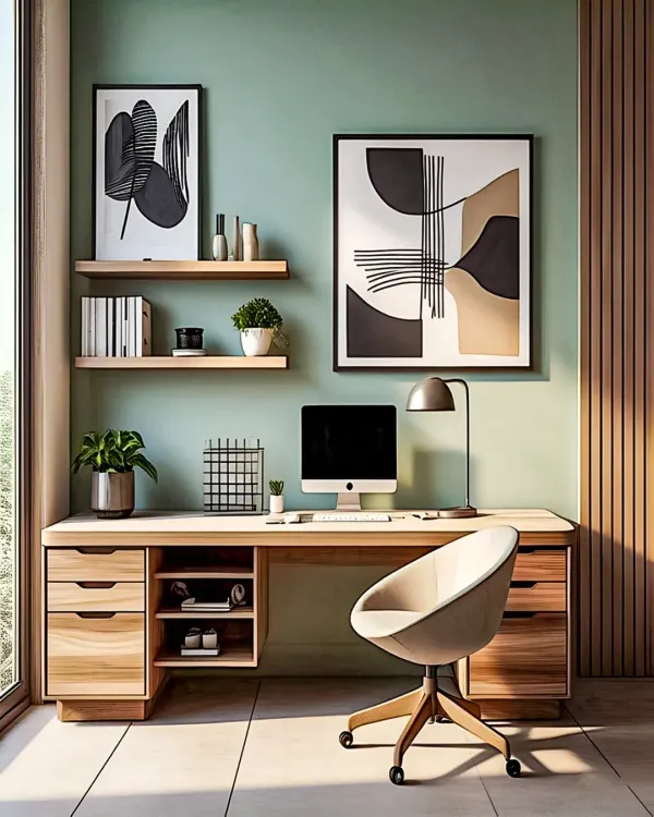 This beautiful study nook combines natural wood with a calming sage green wall. The setup includes a spacious desk with multiple drawers, floating shelves, and modern art to inspire creativity.