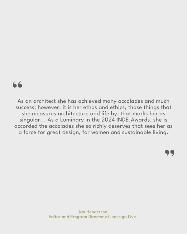 Quotes from Indesign Live about our Founding Partner, Shimul Javeri Kadri, on winning the INDE Luminary Award. The award highlights her ethos, ethics, and her role as a force for great design, for women, and for sustainable living.