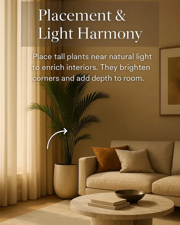 Indoor plants are powerful design elements. This guide on placement and light harmony shows how placing tall plants near natural light can enrich interiors, brighten corners, and add depth to a room.