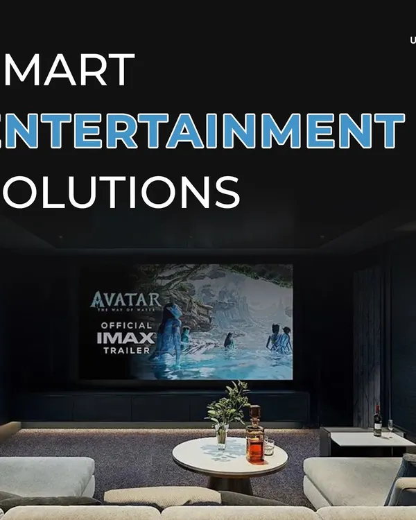 We provide complete smart entertainment solutions that transform your living room into a state-of-the-art home theater. This image, featuring a large projection screen, showcases the kind of immersive viewing experience we design for our clients.