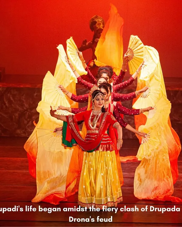 Draupadi's life began in fire, born from a feud between Drupada and Drona. In our production 'Krishnaa - Fire to Frost', we use powerful visuals with flowing fabrics and dynamic formations to depict the dramatic origins of this epic heroine.