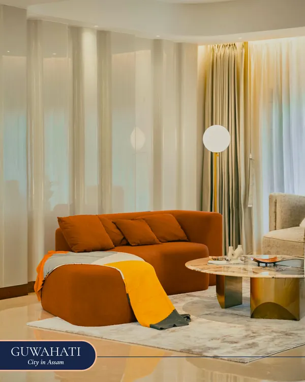In the living room of my Guwahati project, I used a combination of soft curtain-filtered natural light and a modern globe floor lamp. This shows my process from blueprint to brilliance, creating a warm and inviting atmosphere.