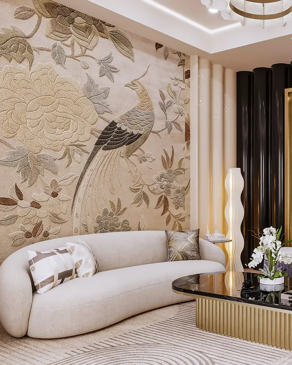 A detailed visualization focusing on a bespoke curved sofa set against an intricate peacock-motif mural. The render highlights the texture of the upholstery and the precise craftsmanship of the wall art.