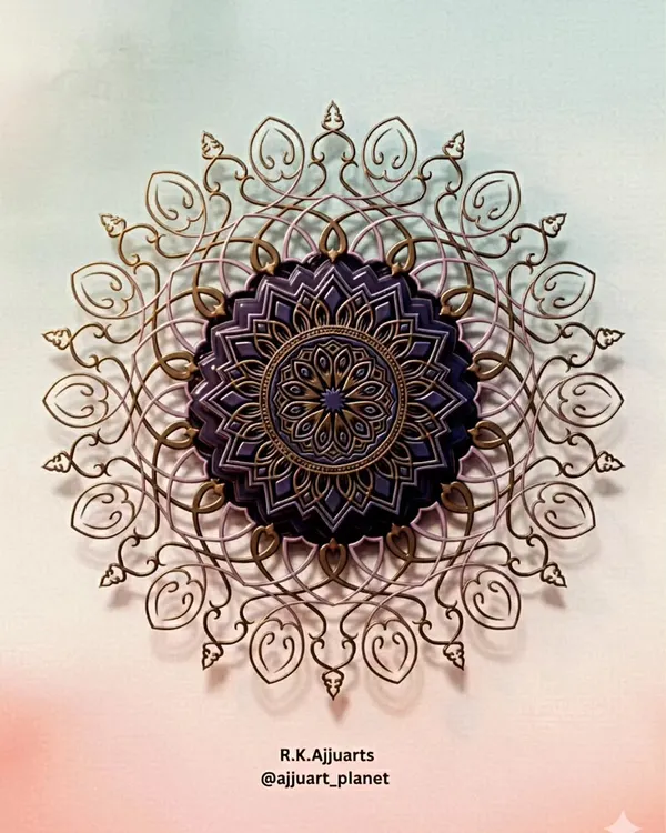 A 3D digital mockup of a simple, elegant mandala I drew. The layers and shadows in this version give it a sense of depth, making it look like a physical wall sculpture.
