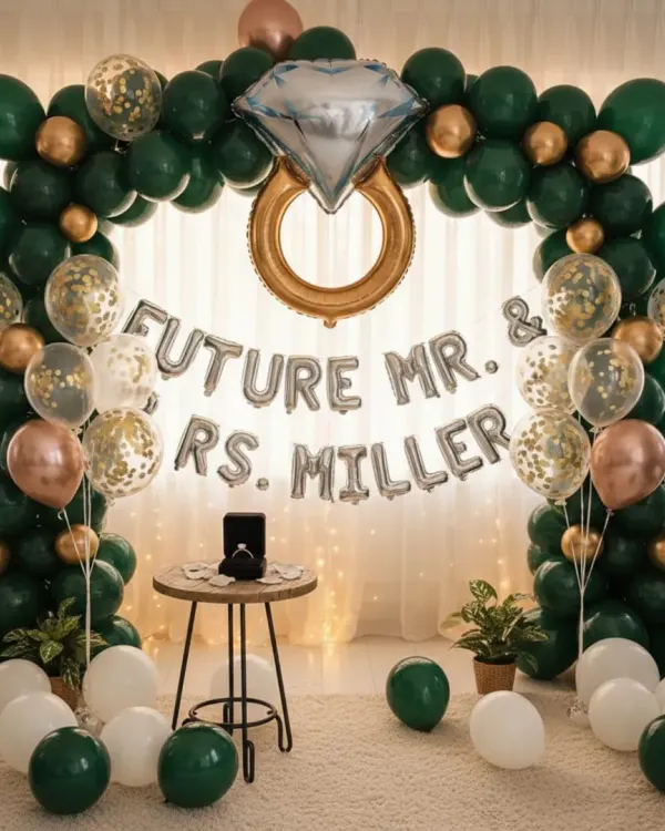 This is a complete engagement party setup I designed, featuring a lush balloon arch in an elegant green and gold theme. I included custom foil balloons for the couple's name and a large diamond ring balloon to create a perfect photo backdrop for their special announcement.