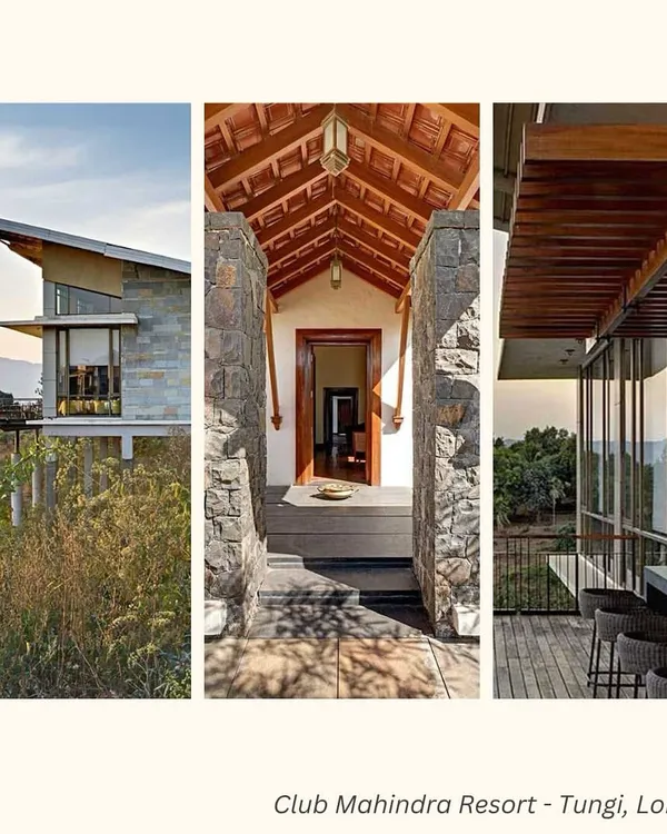 A collage showcasing different facets of the Club Mahindra Resort in Tungi, Lonavala. The design uses natural stone and timber to mirror the dry, rural climate, while carefully detailed wooden overhangs provide shade and frame the stunning landscape views.