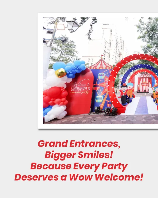 A grand entrance for a carnival-themed party, featuring layered red arches and a custom welcome sign. Every party deserves a wow welcome!