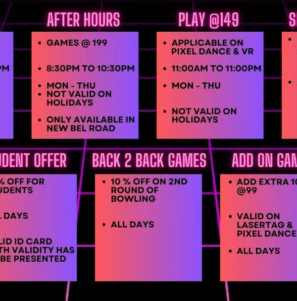 We have exciting offers for everyone. From Happy Hours and student discounts to add-on games, there's always a deal to make your day better.